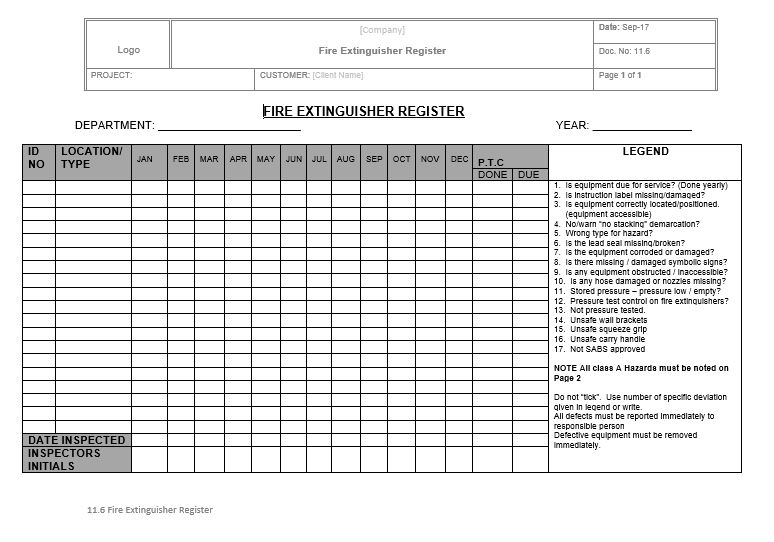 11.6 Fire Extinguisher Register
